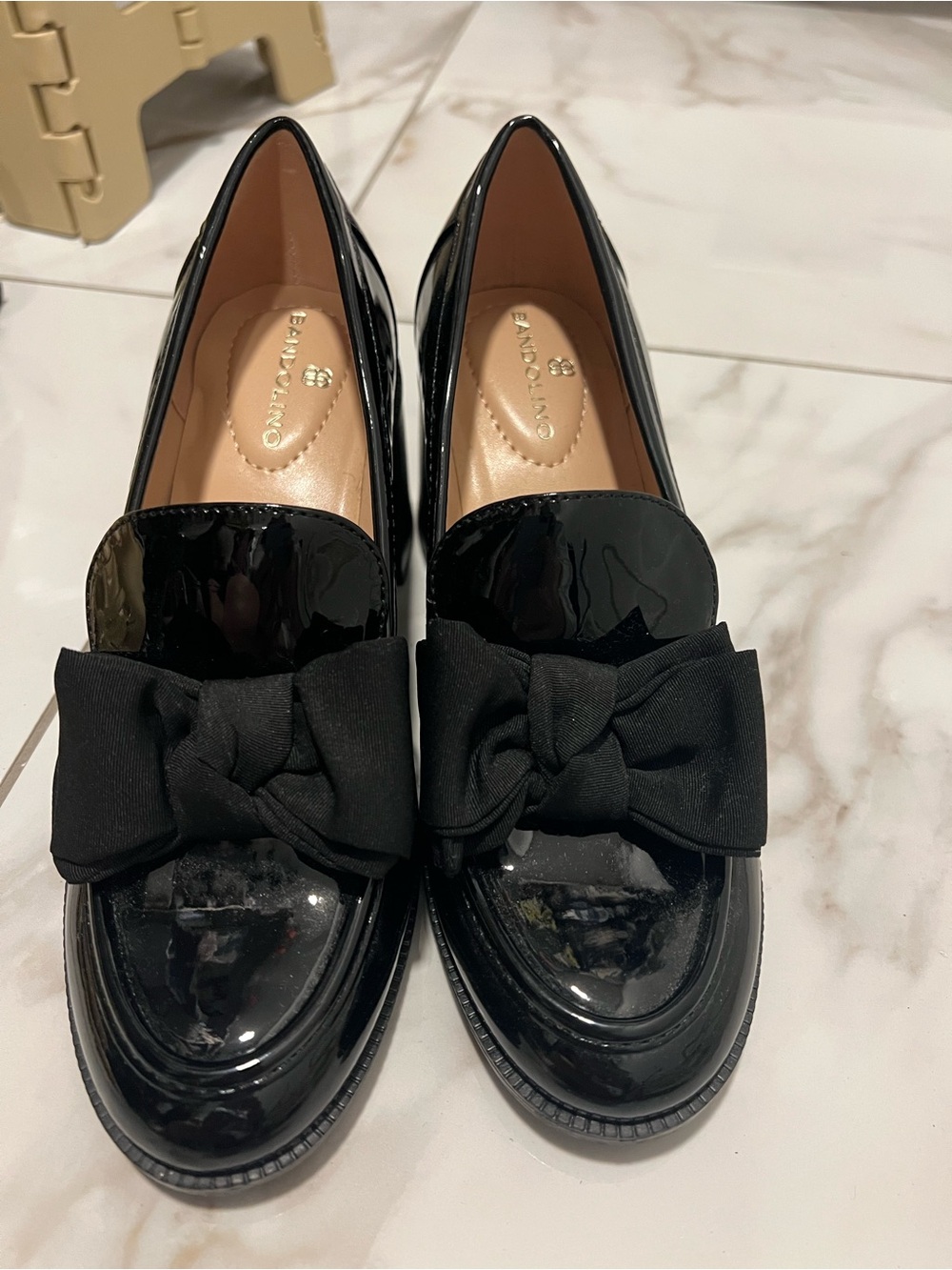 Bandolino Black Patent Loafers with Fabric Bow